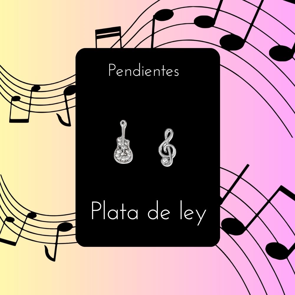 Pendientes asimétricos clave de sol y guitarra de Plata con Circonitas 3